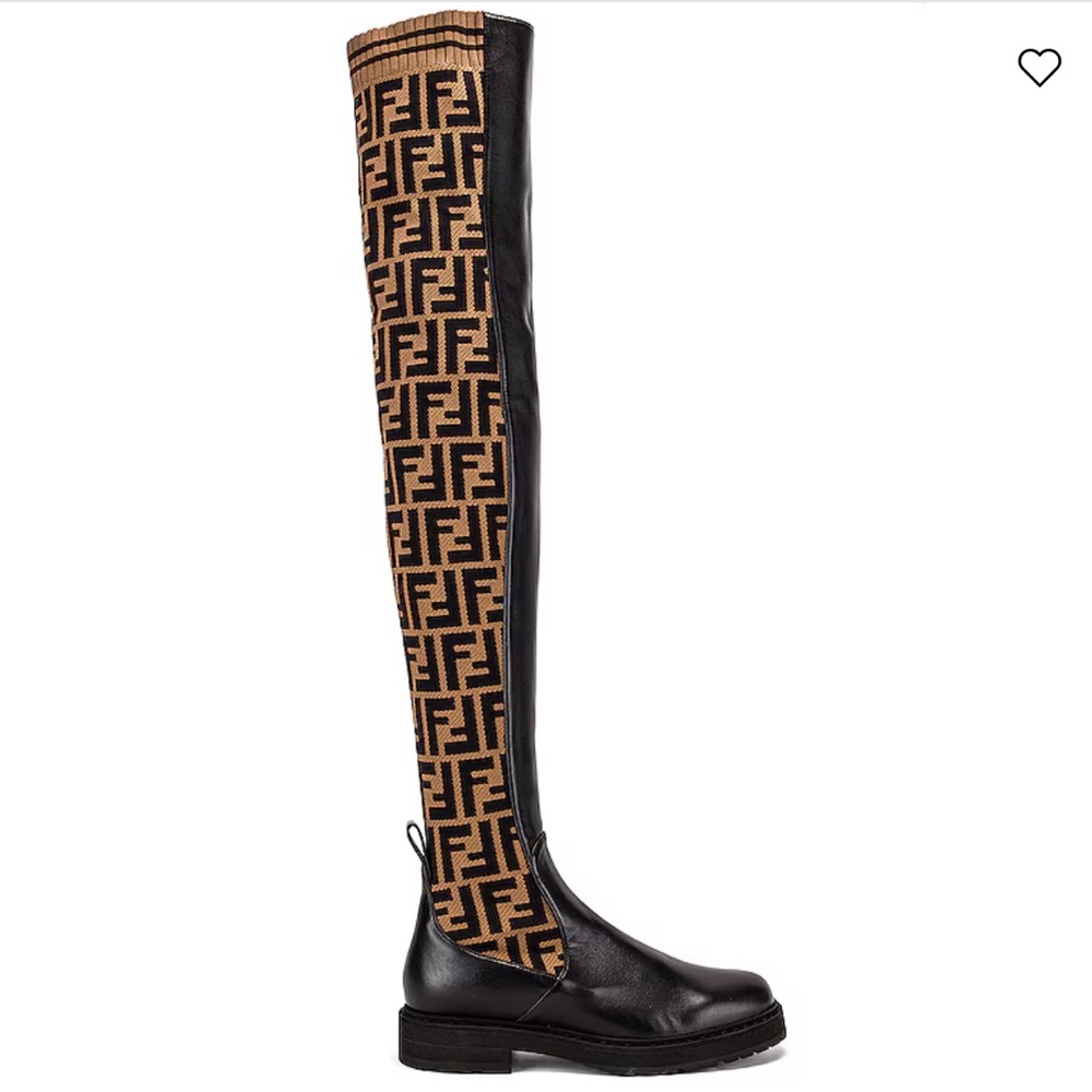 LOGO-JACQUARD STRETCH-KNIT AND LEATHER OVER-THE-KNEE BOOTS IN BLACK